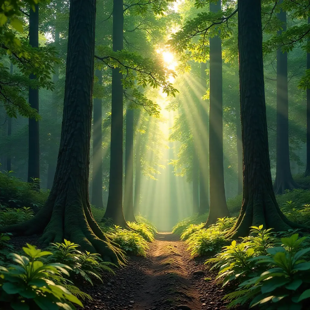 Serene Forest with Tall Trunks and Lush Greenery