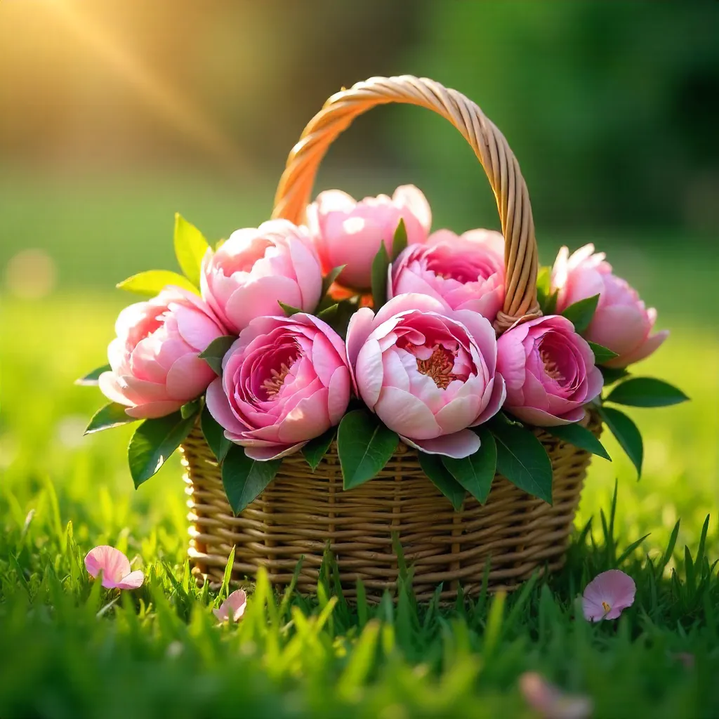 Wicker Basket of Pink Peonies and Roses in Green Grass
