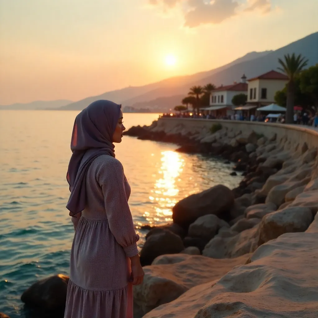 Hijab-Clad Woman by Antalya Sunset