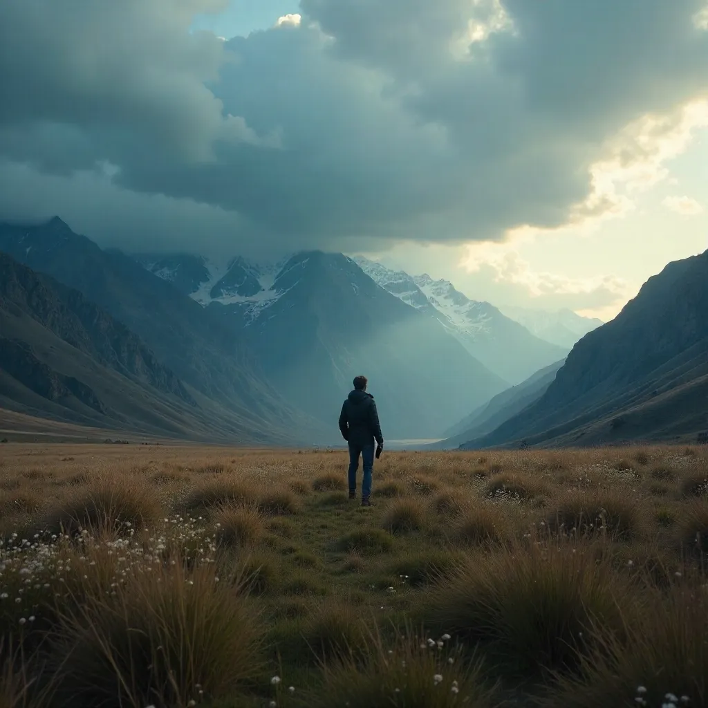 Lone Figure in a Field Before Majestic Mountain Peaks