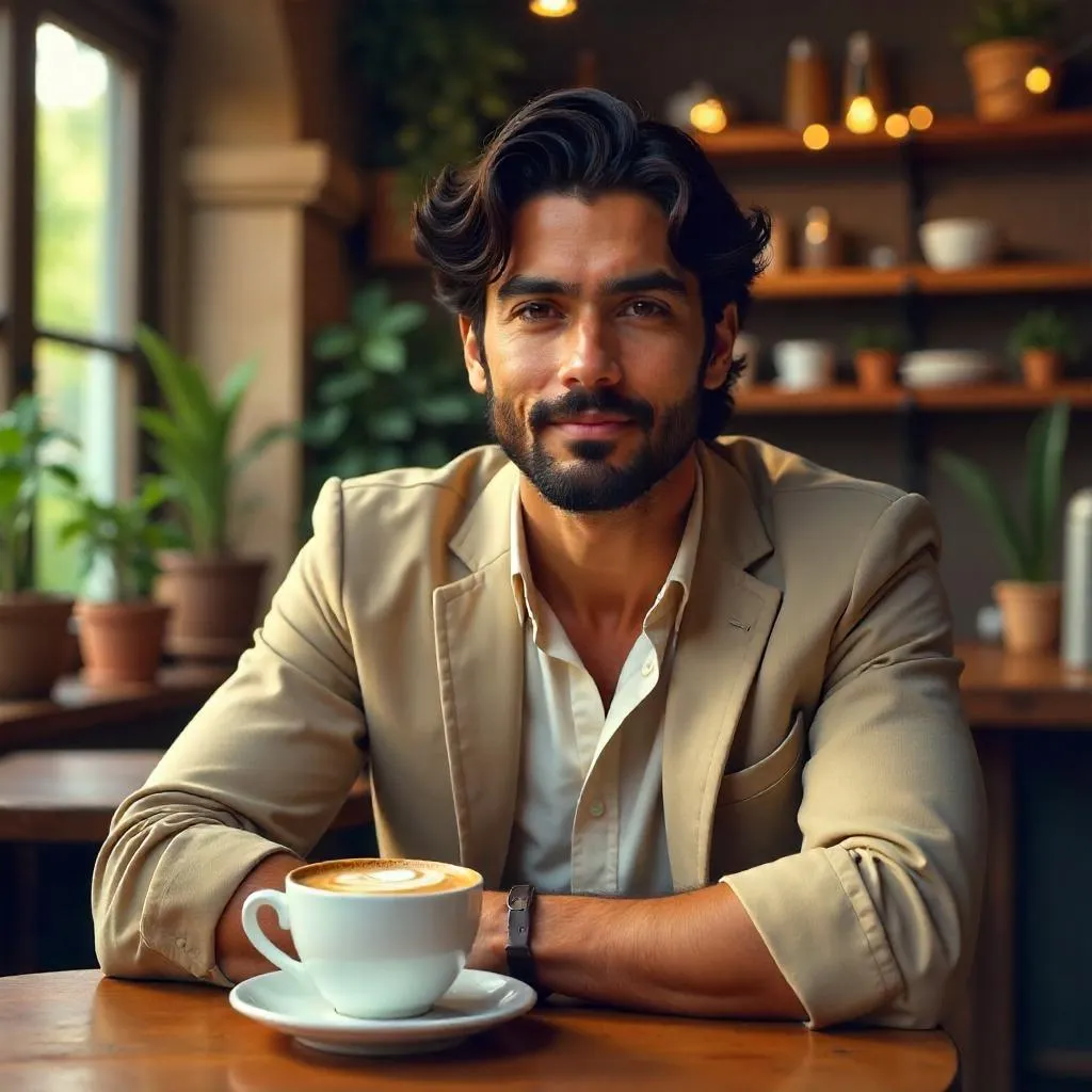 Handsome Indian Man in a Cozy Coffee Shop - Digital Art