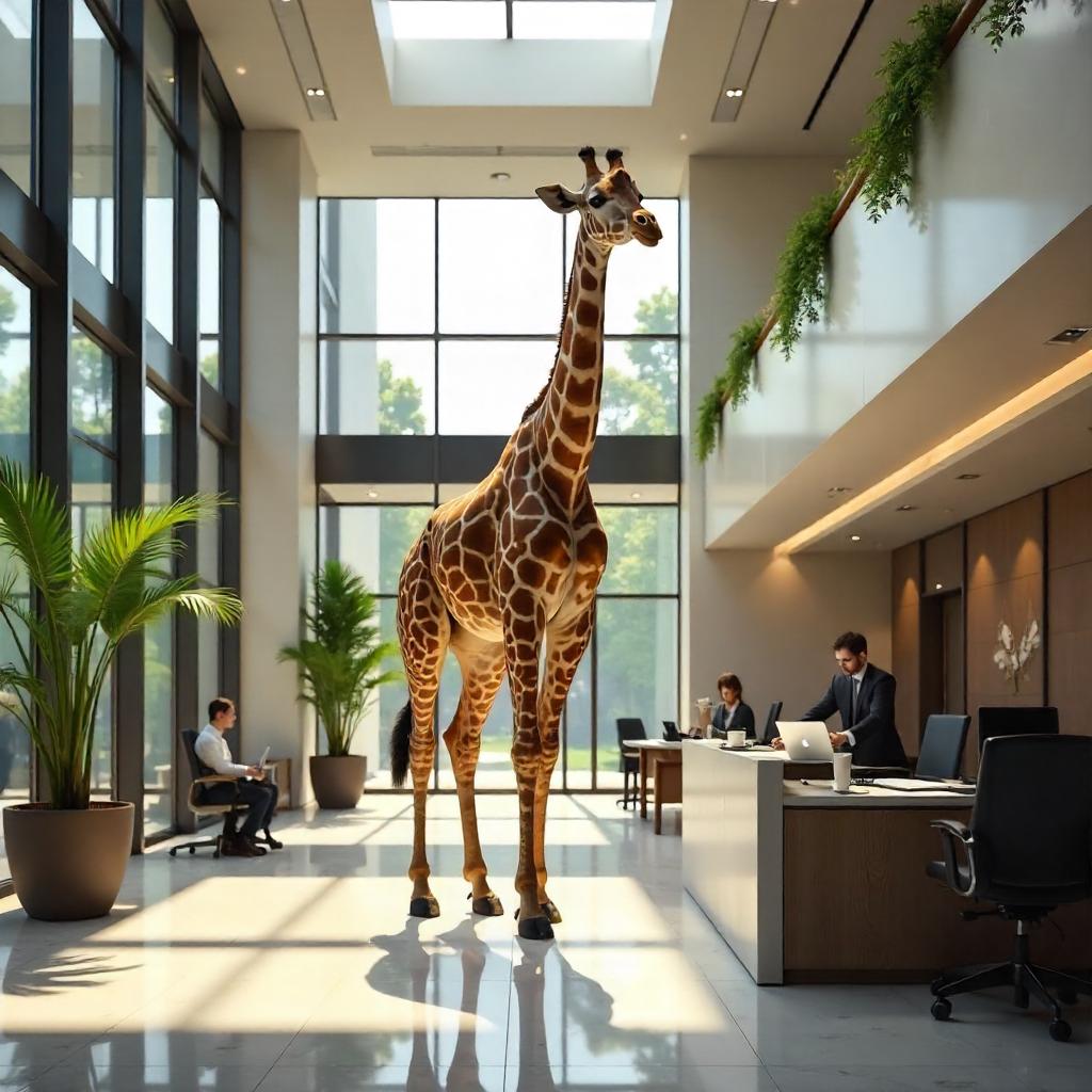 Giraffe in a Modern Office Lobby
