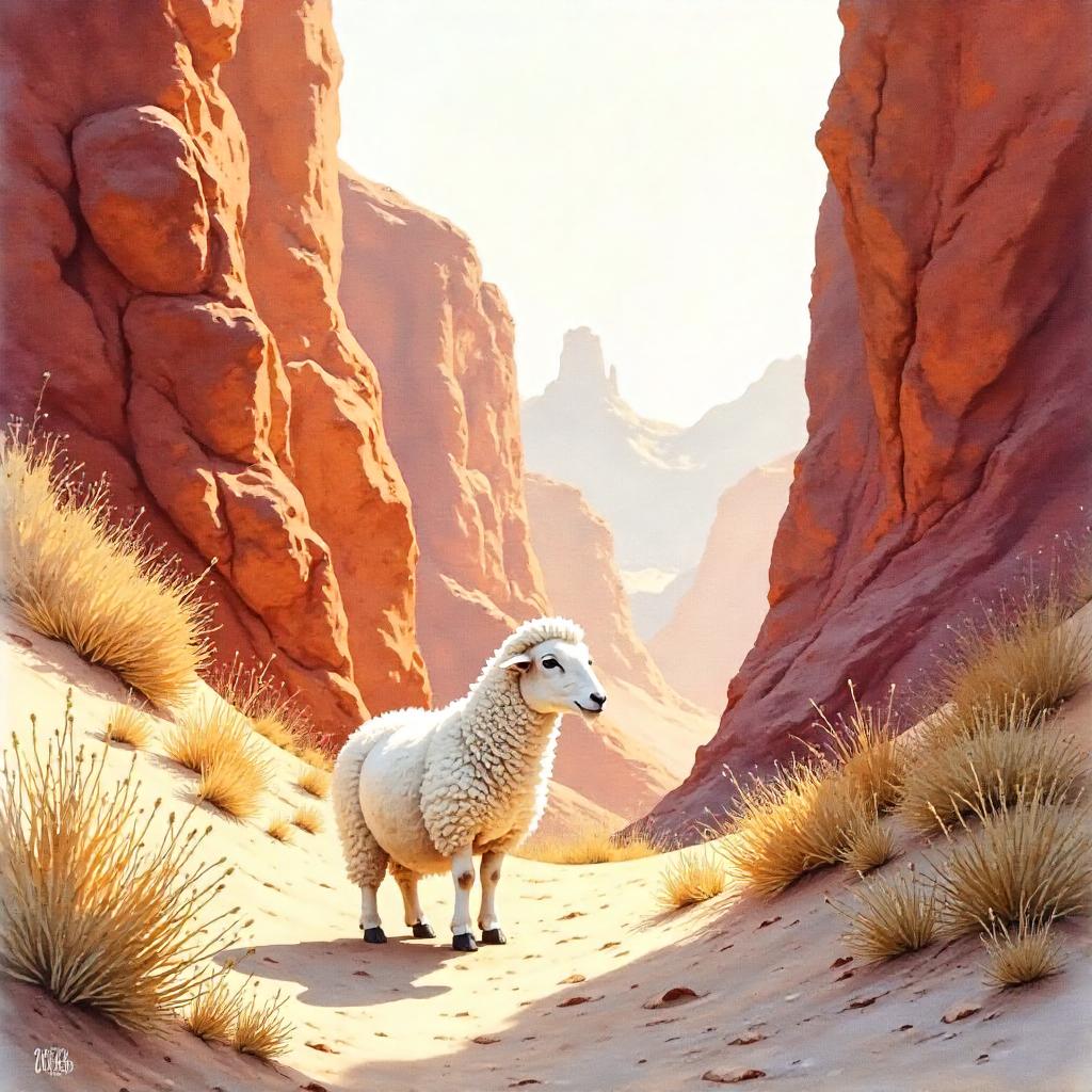 Sheep in a Desert Canyon — Watercolor Scene