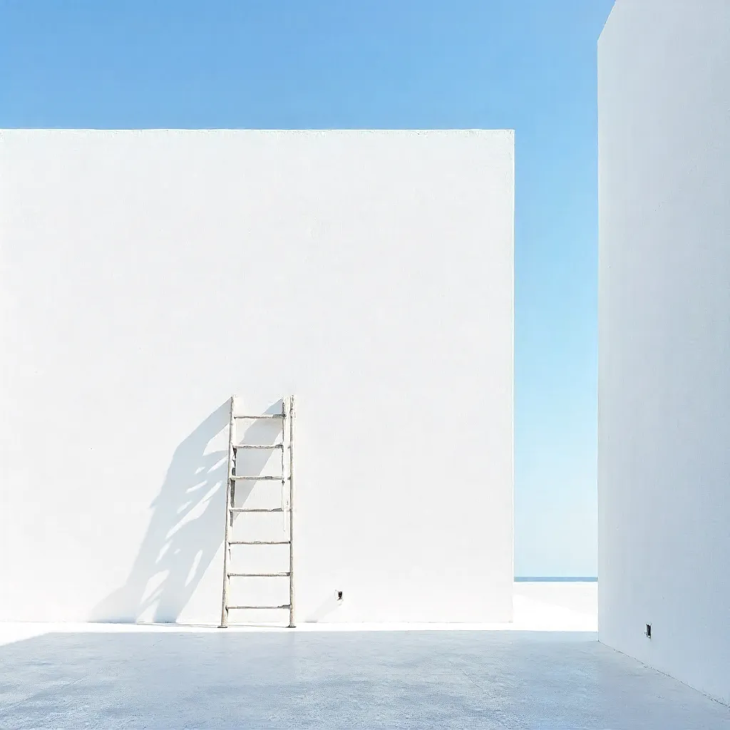 Abstract Minimalist White Wall with Ladder Under Blue Sky