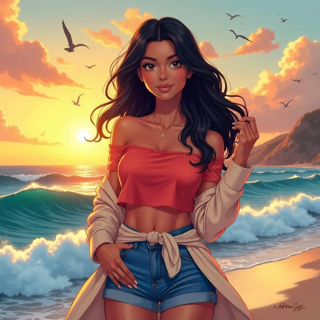 Confident Latina by the Ocean - Anime Portrait