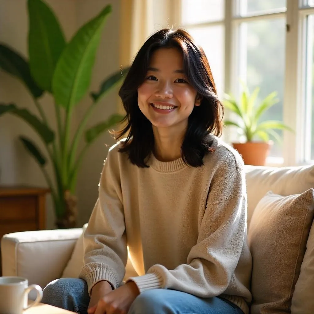 Cheerful Asian Woman at Home in Soft Light