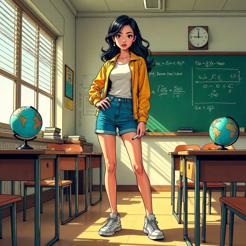 Stylish Asian Heroine in a Comic Book Classroom