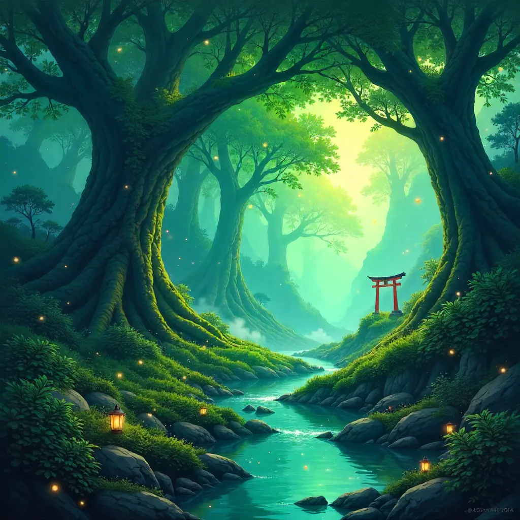 Valley of Luminescent Forests in Anime Style