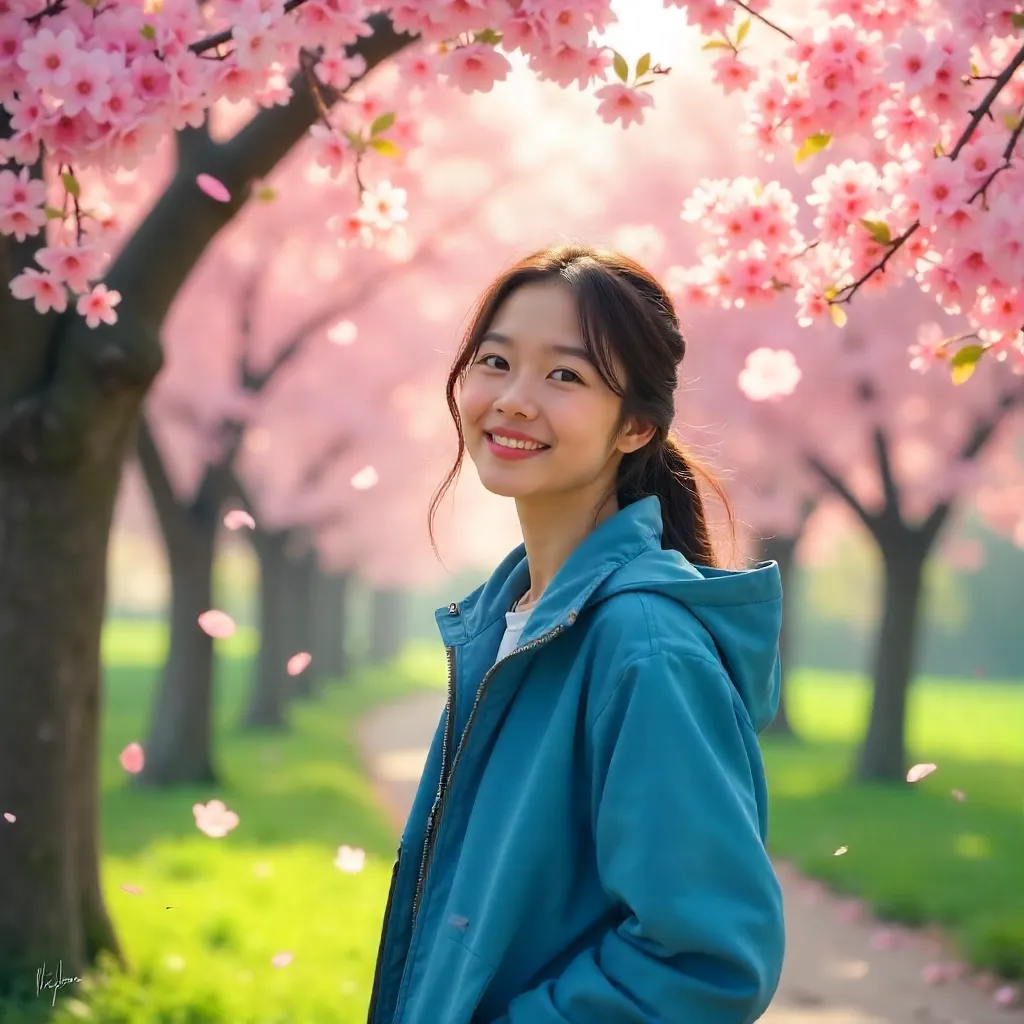Welcoming Spring: Blue Jacket under Blooming Trees