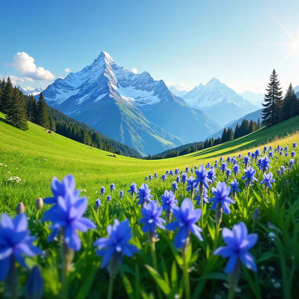 Snow-Capped Peaks and Spring Blue Blooms