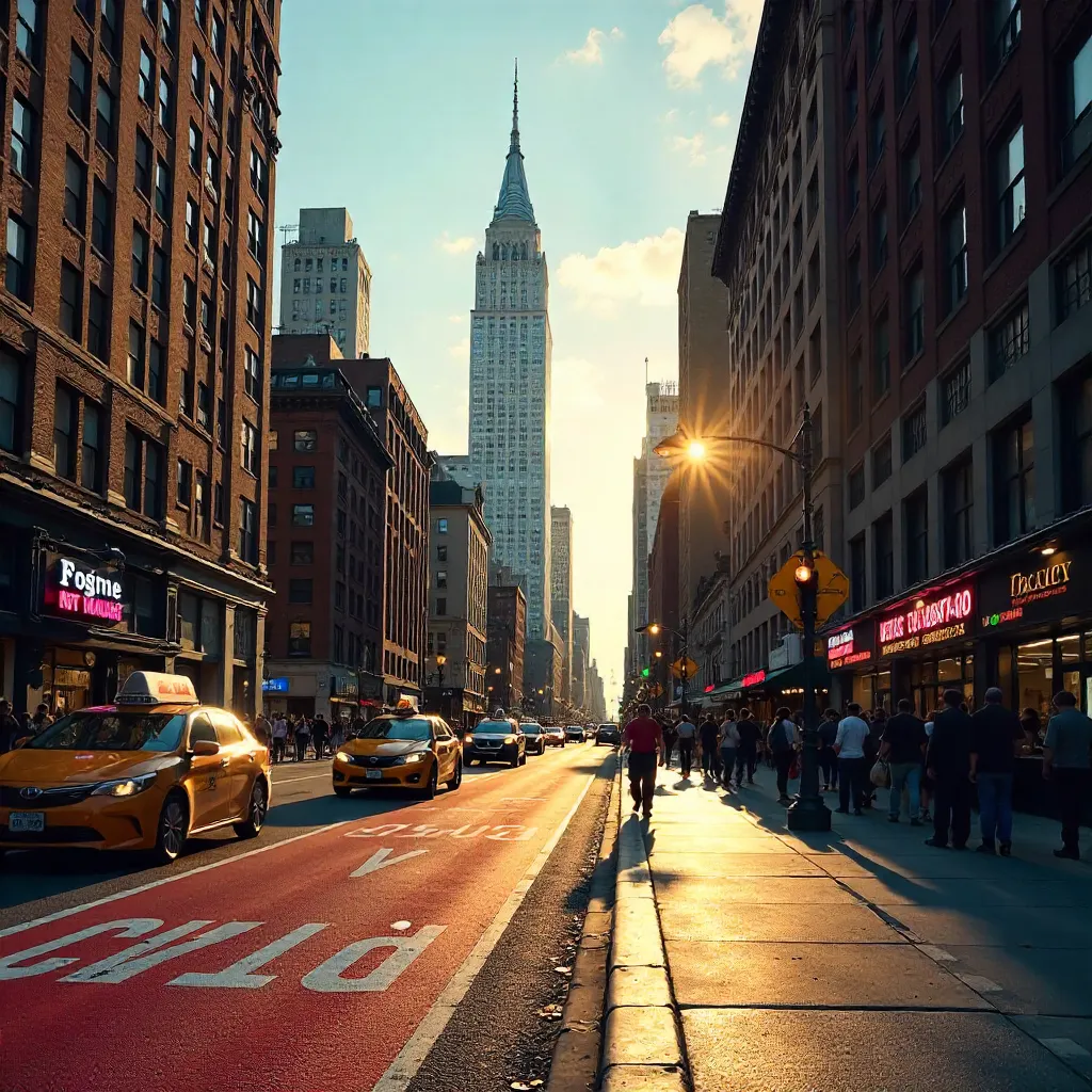 NYC Street with Chrysler Building and Red Bus Lanes