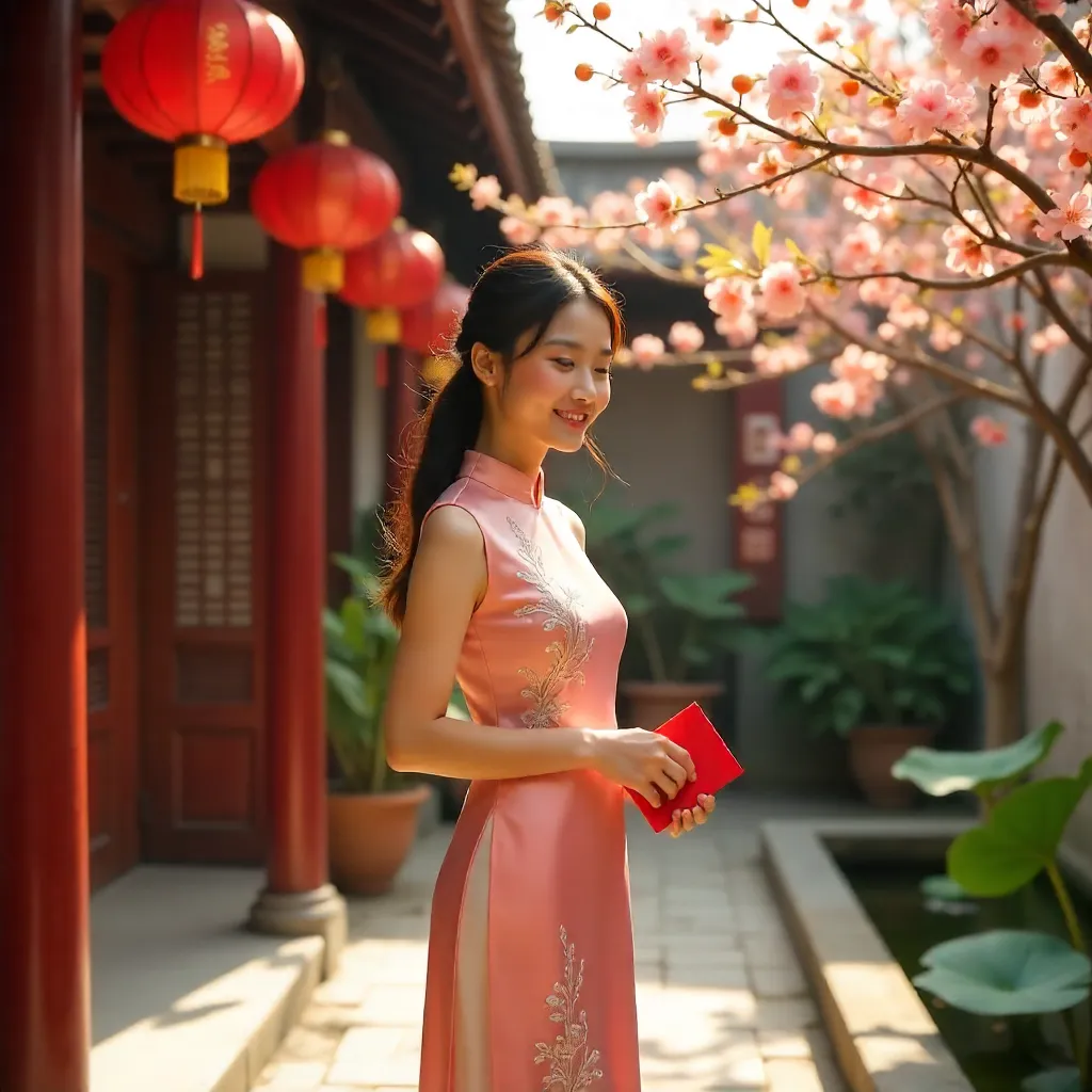 Pink Ao Dai Tet Celebration in a Vietnamese Courtyard