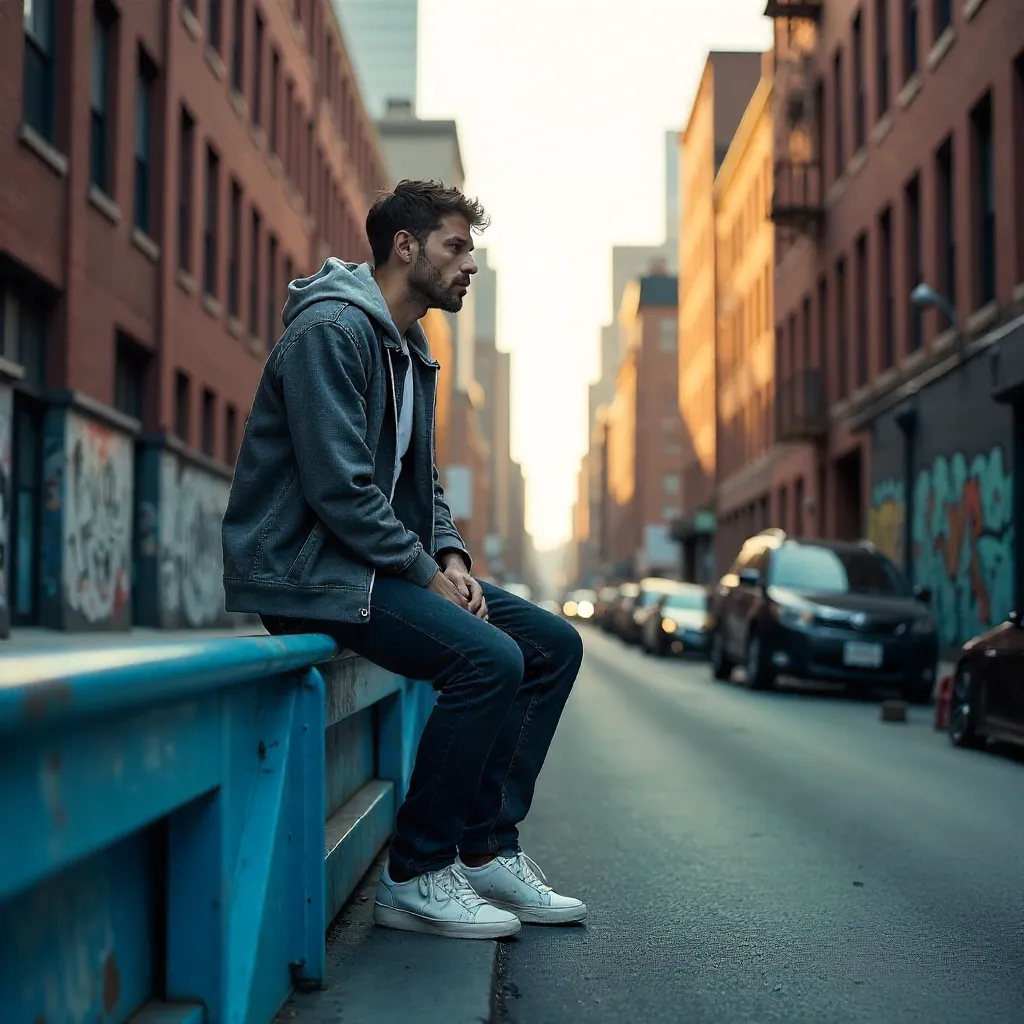 Person on Urban Blue Structure in Neutral Tones