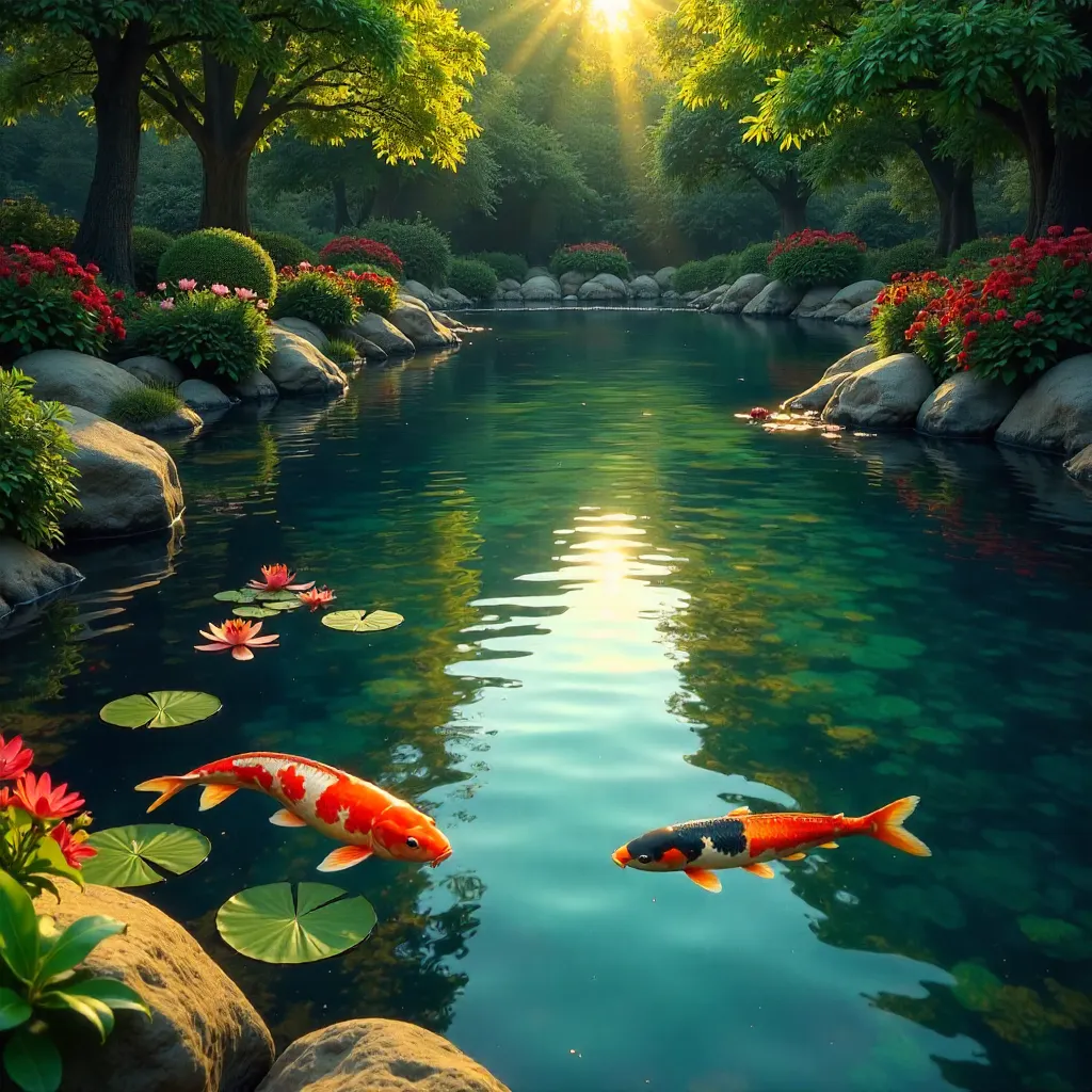 Vibrant Koi and Crimson Blossoms in a Lush Pond