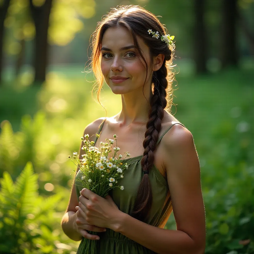 Enchanted Portrait: Braided Woman with Wildflowers in Verdant Glade