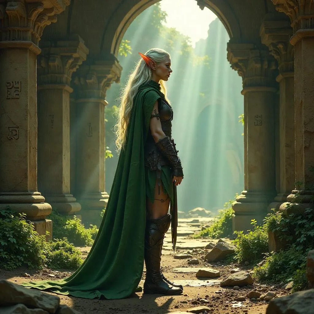 Photorealistic Elf in Crumbling Temple Ruins
