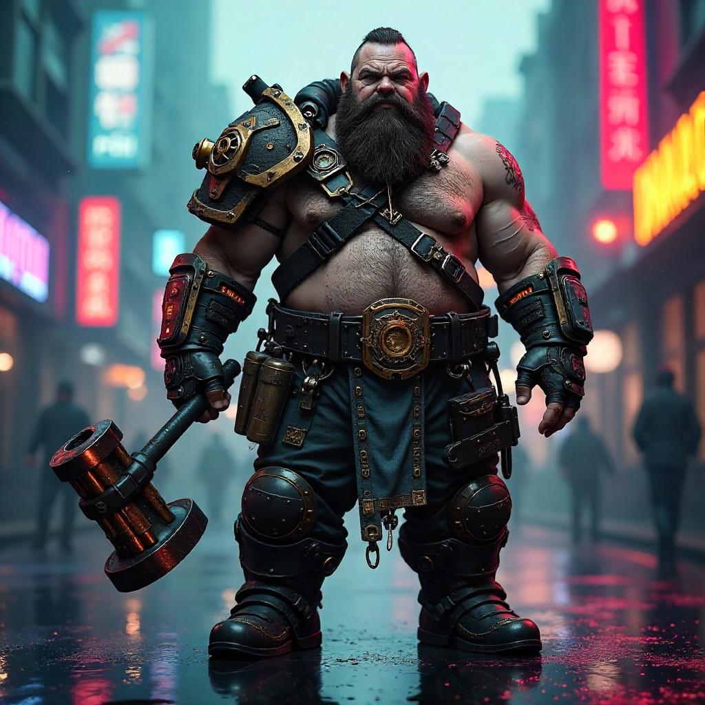 Dwarf Cyberpunk Warrior in Neon Metropolis