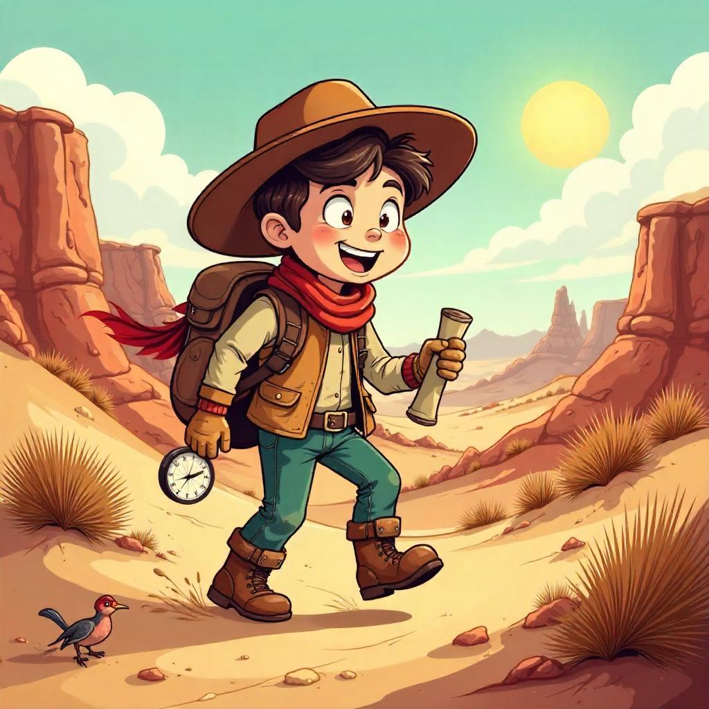 Cartoon Explorer Trekking the Badlands
