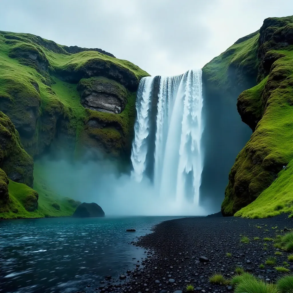 Icelandic Misty Waterfall Over Mossy Cliffs