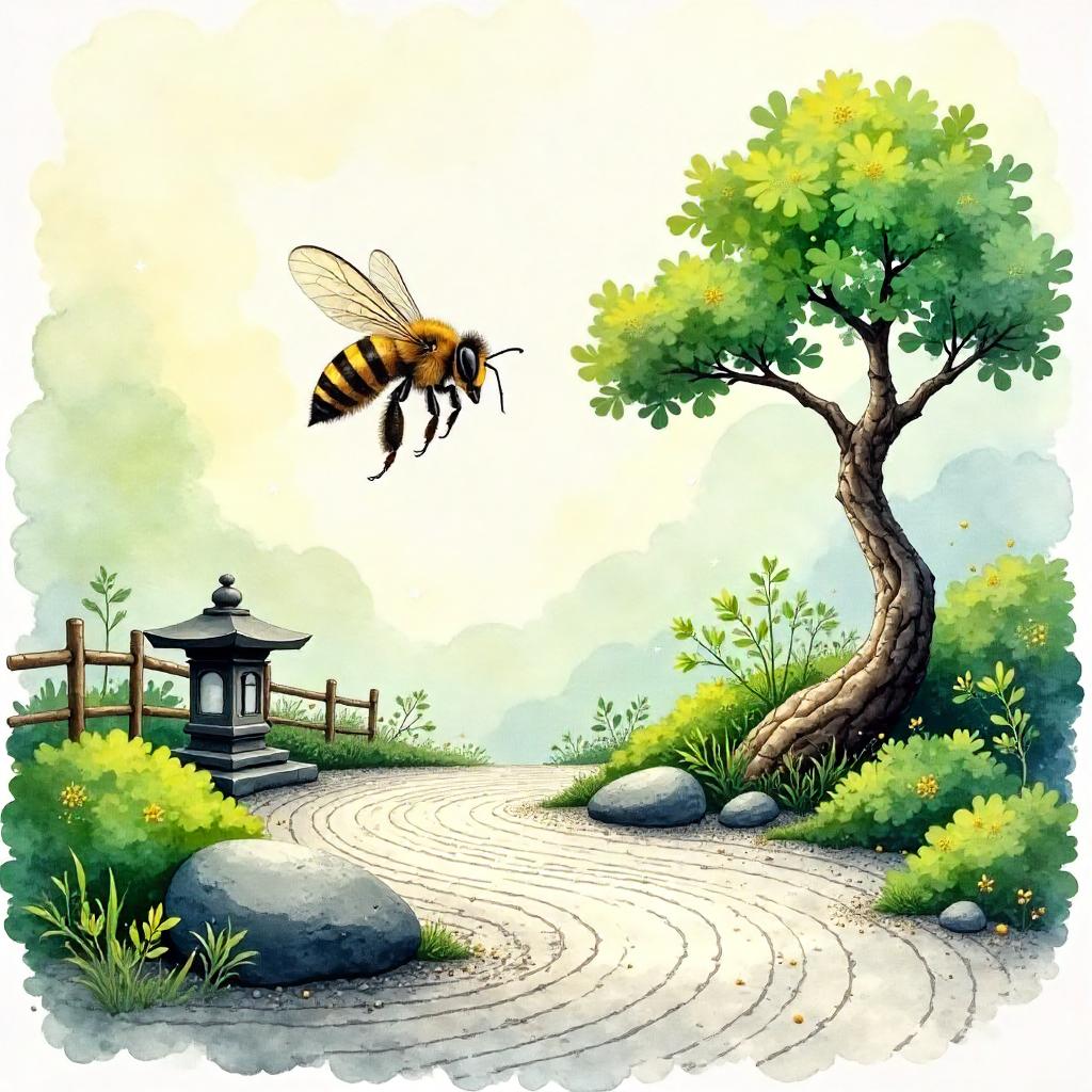 Watercolor Bee in a Tranquil Zen Garden