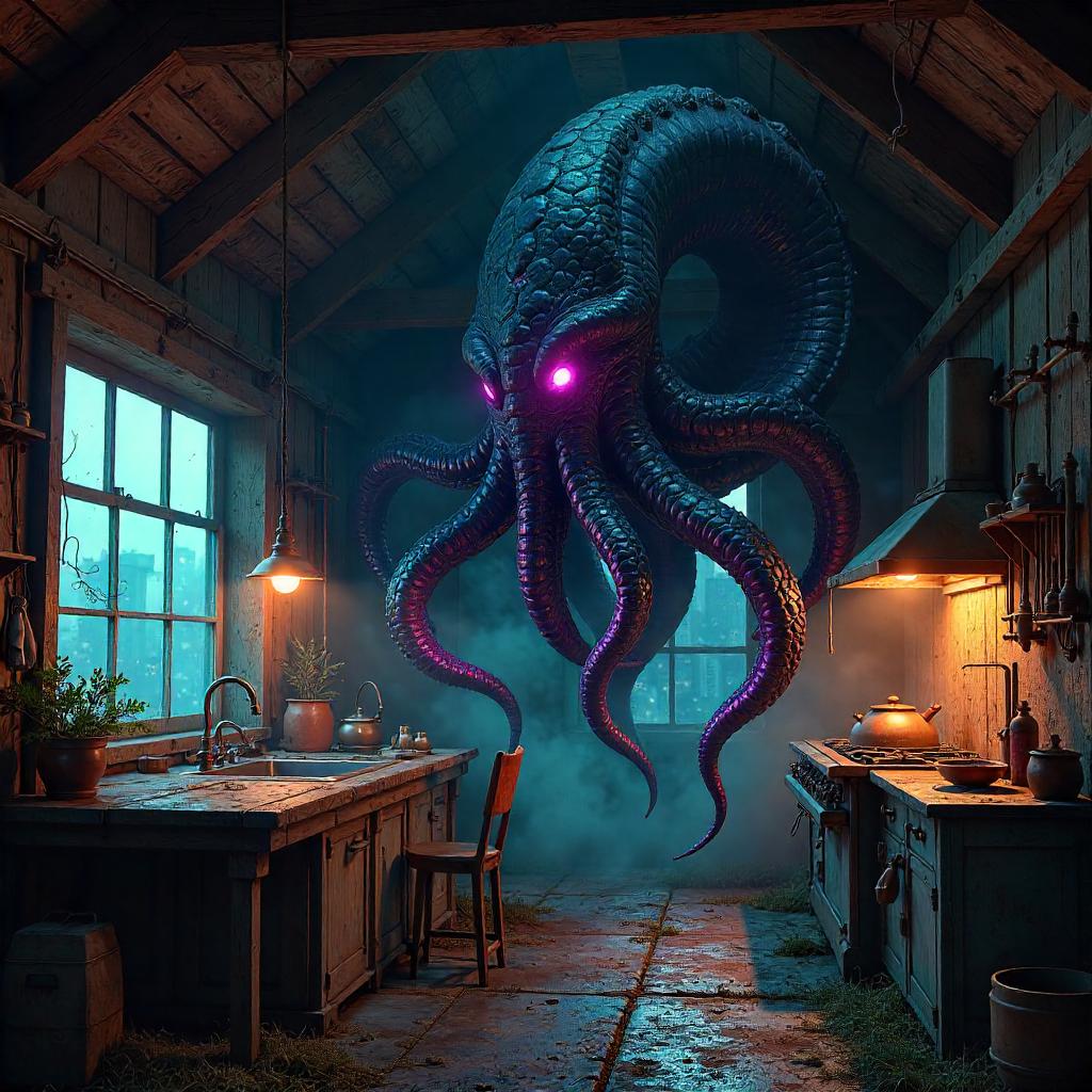 Neon Kraken in a Rustic Cyberpunk Farmhouse