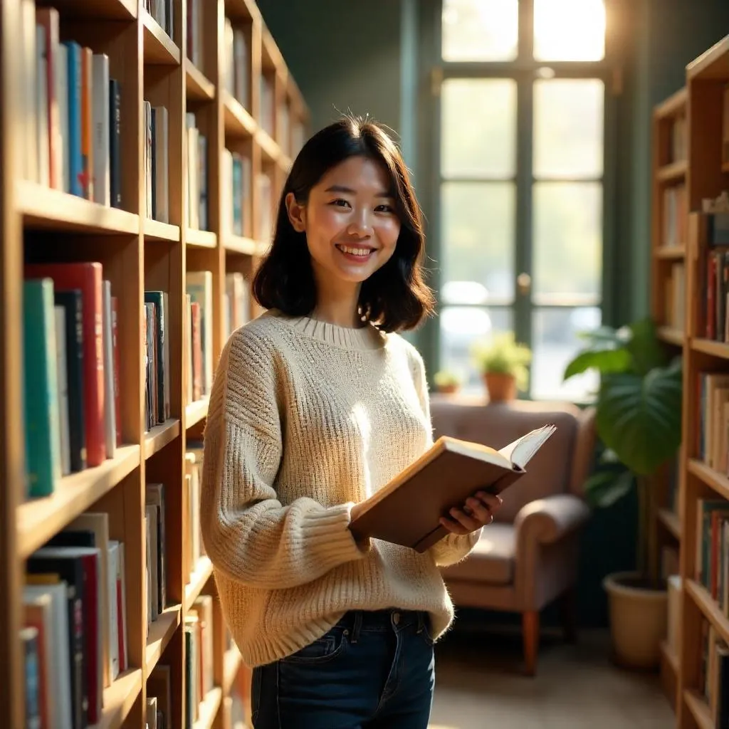 Cheerful Asian Woman in a Cozy Bookstore