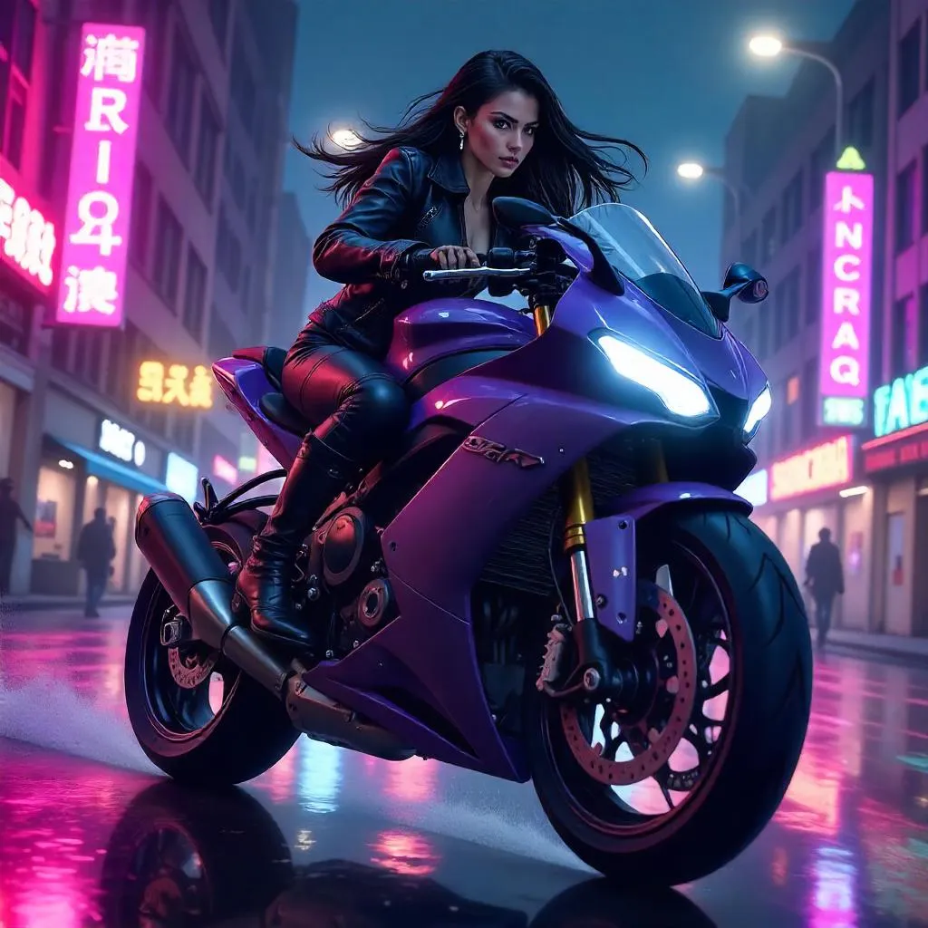 Neon Anime Latina Rider on a Motorcycle