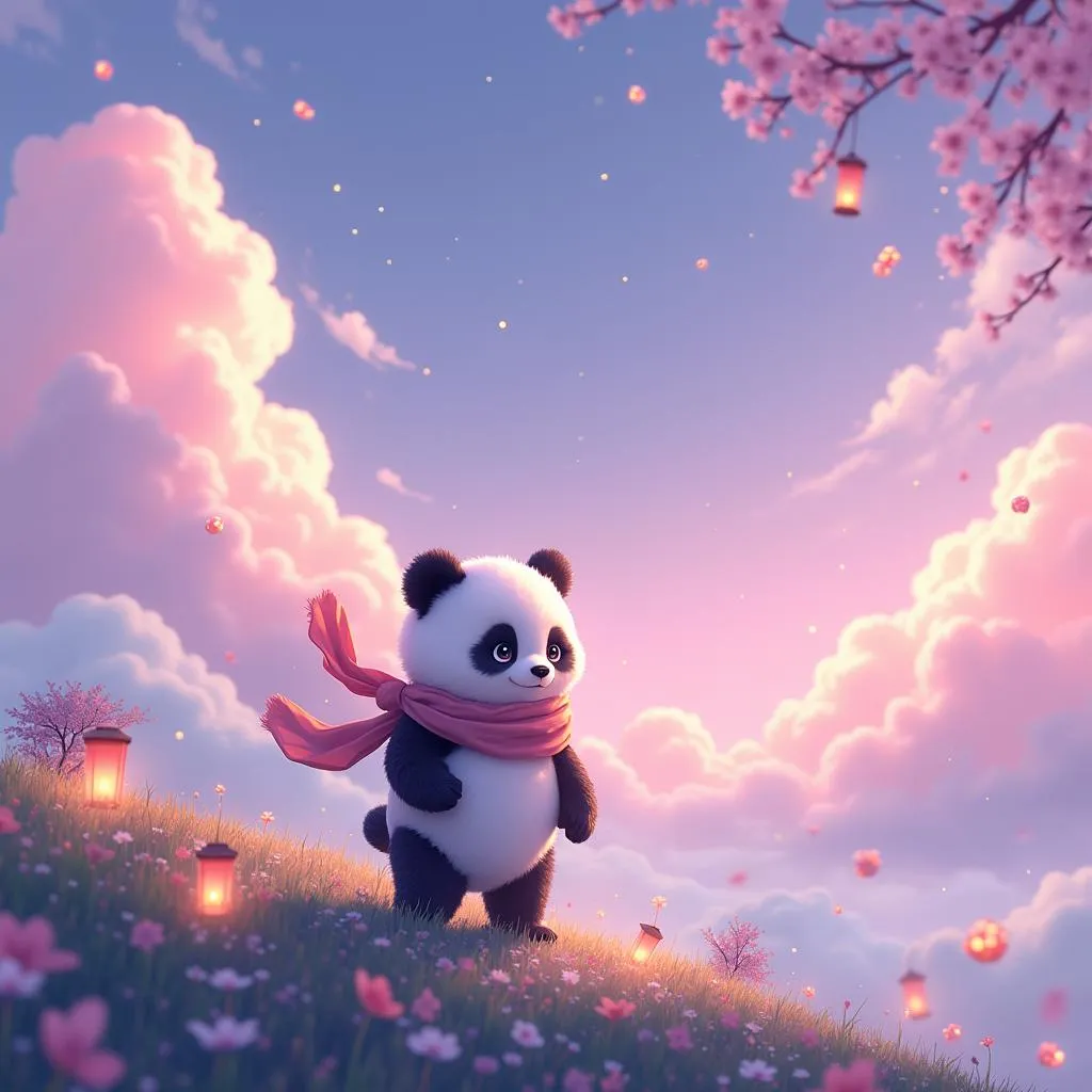 Panda in an Anime Dream World with Floating Islands