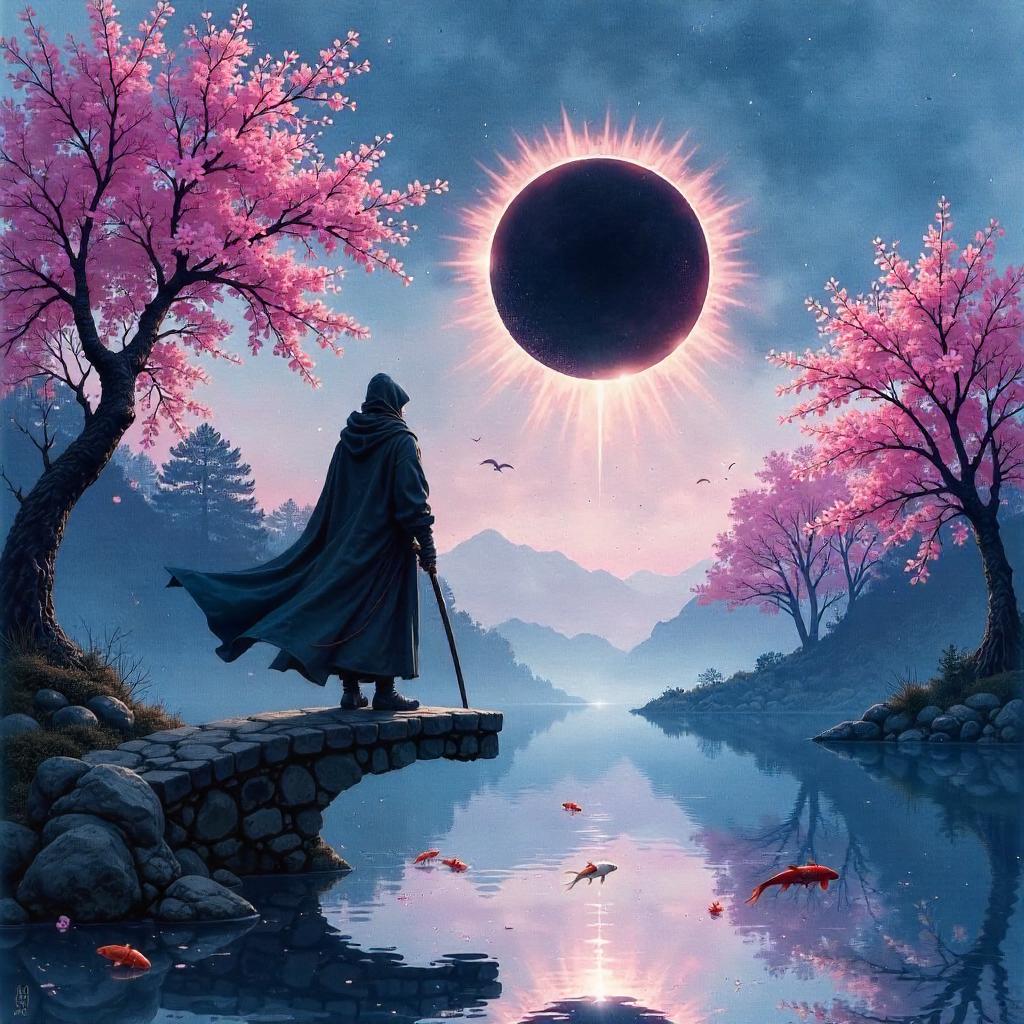 Ninja at Eclipse: A Watercolor Moment