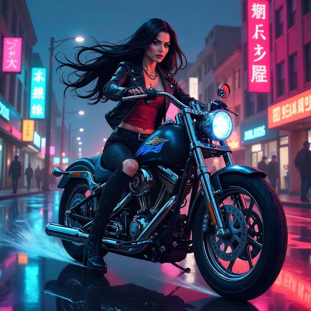 Confident Latina Rider on Neon Anime Motorcycle