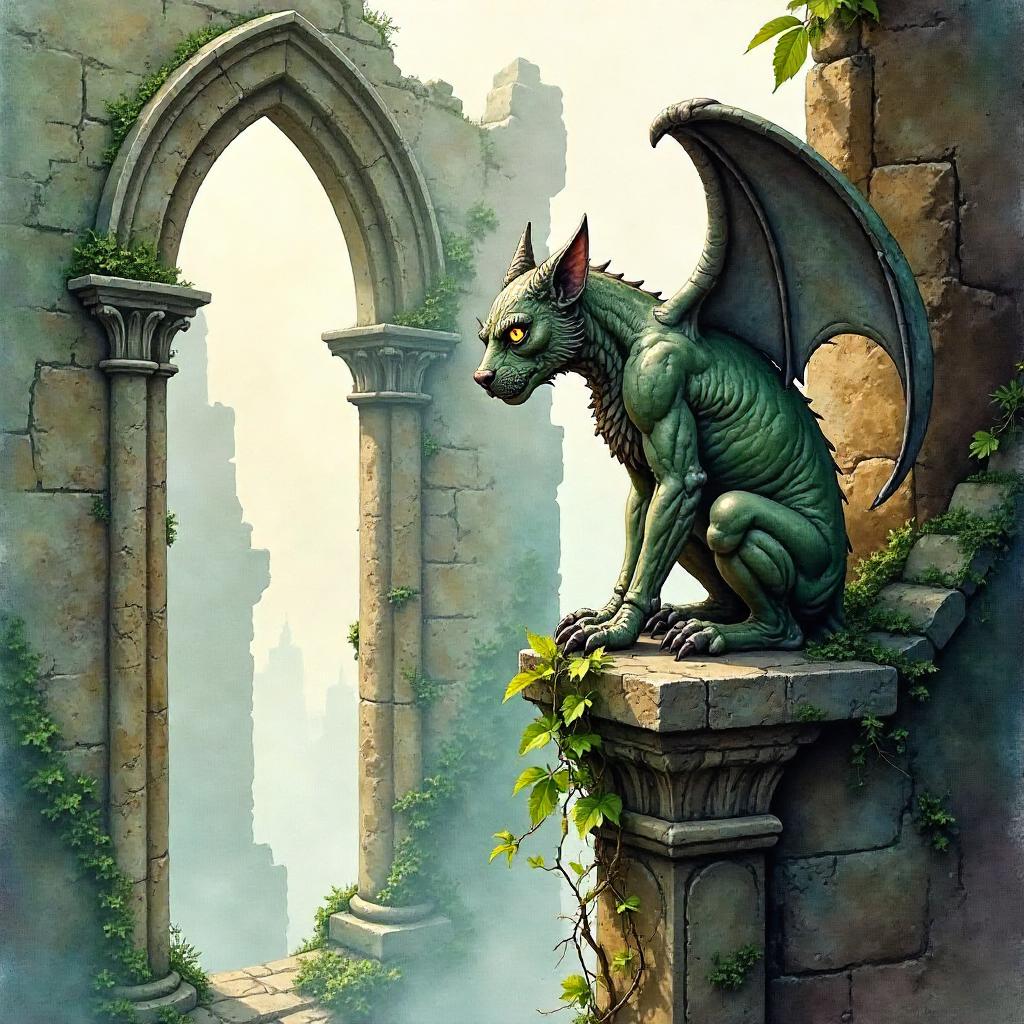 Watercolor Gargoyle Amid Ancient Ruins