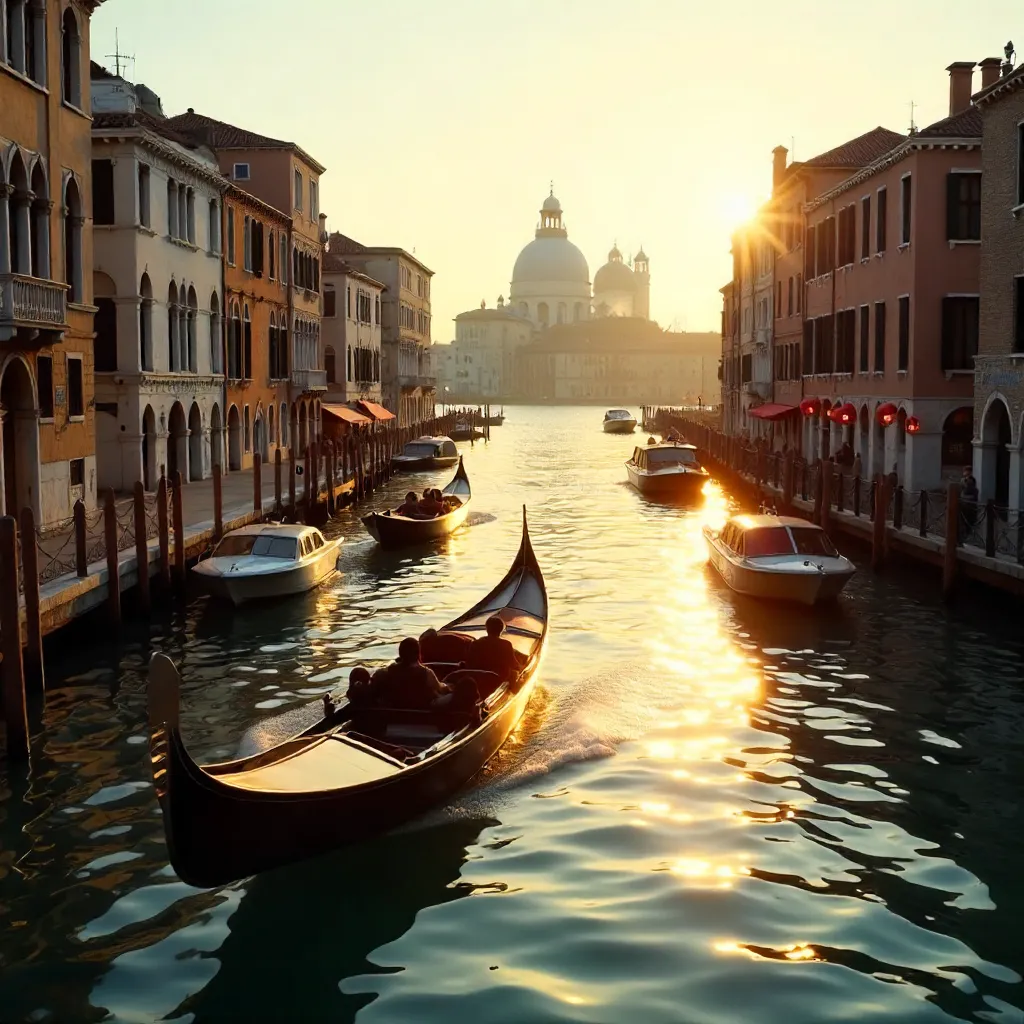 Sunlit Venice Canals: Boats and Iconic Architecture