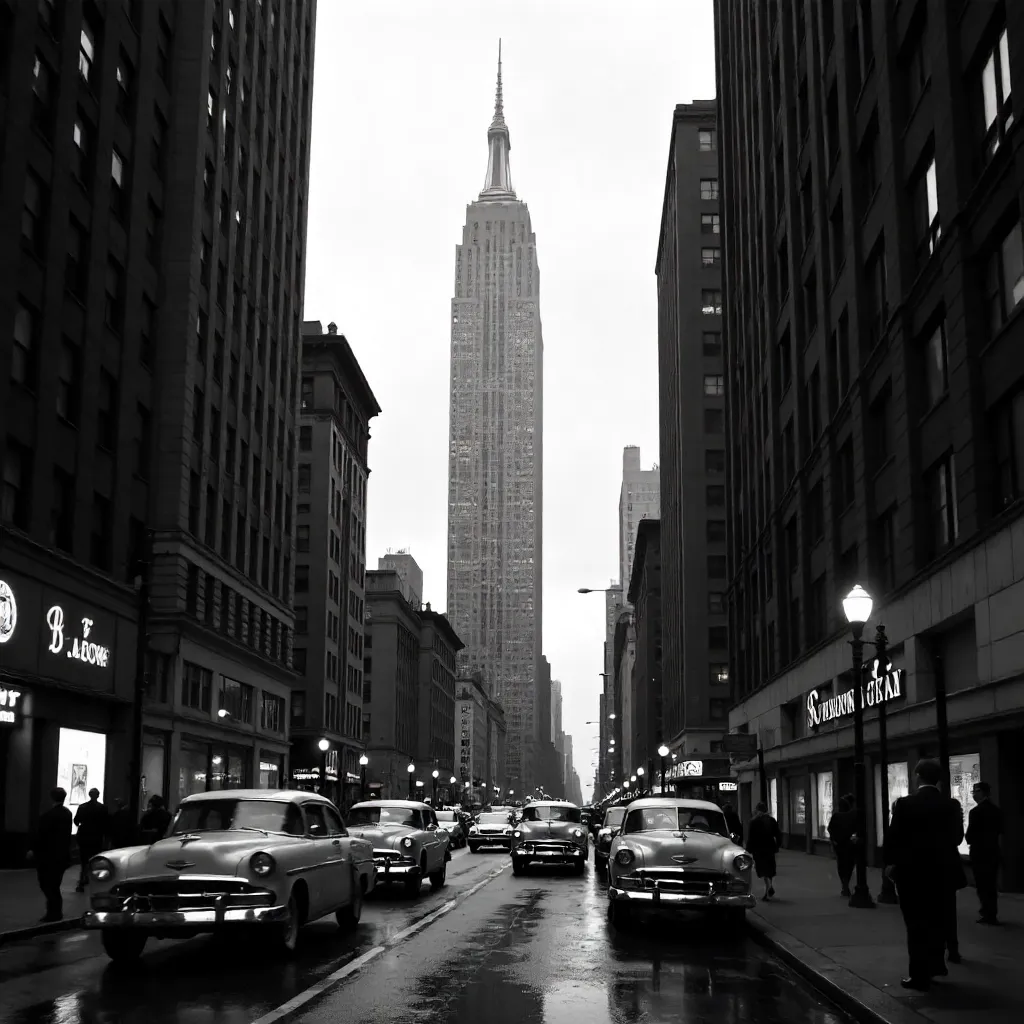 Iconic Black-and-White Street-Level Empire State View