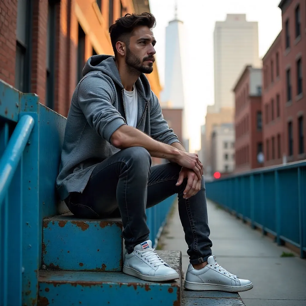 Contemplative Moment on a Blue Urban Structure