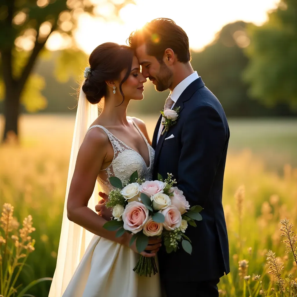 Golden Hour Embrace with Bouquet