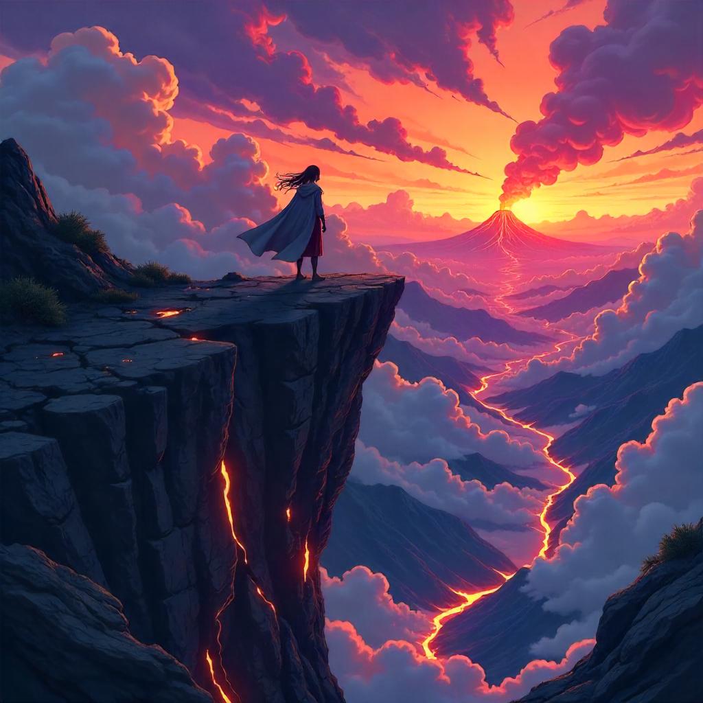 Cliffside Sunset on Volcanic Rocks, Anime Style
