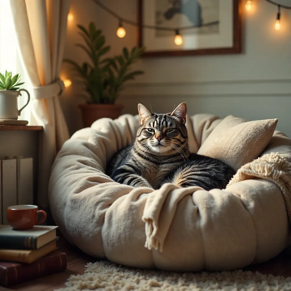 Grey Tabby in a Cozy Bed Surrounded by Books