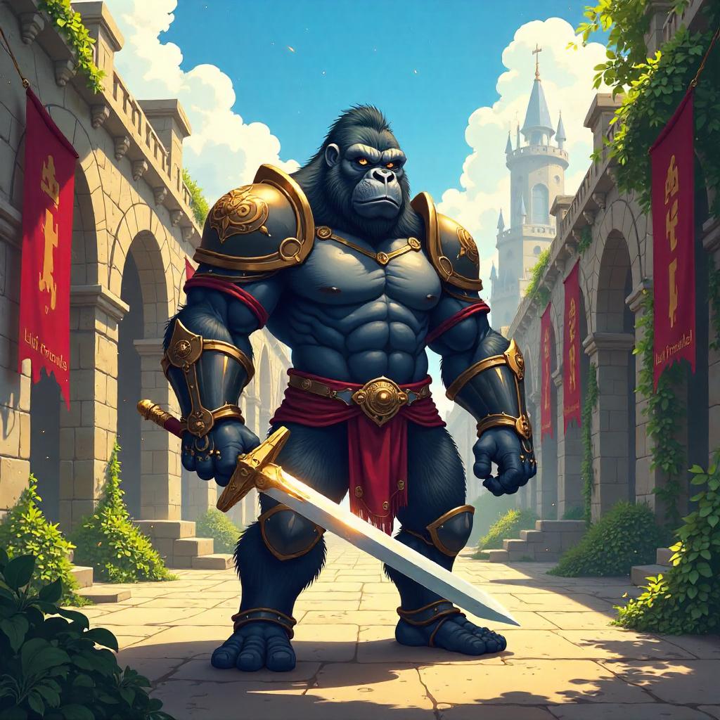 Gorilla Knight in a Castle Courtyard - Anime Style