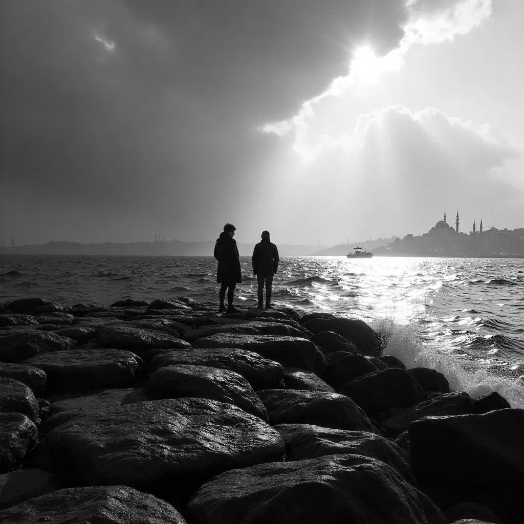 Two Figures on a Rocky Shore in Istanbul — Dramatic Black and White