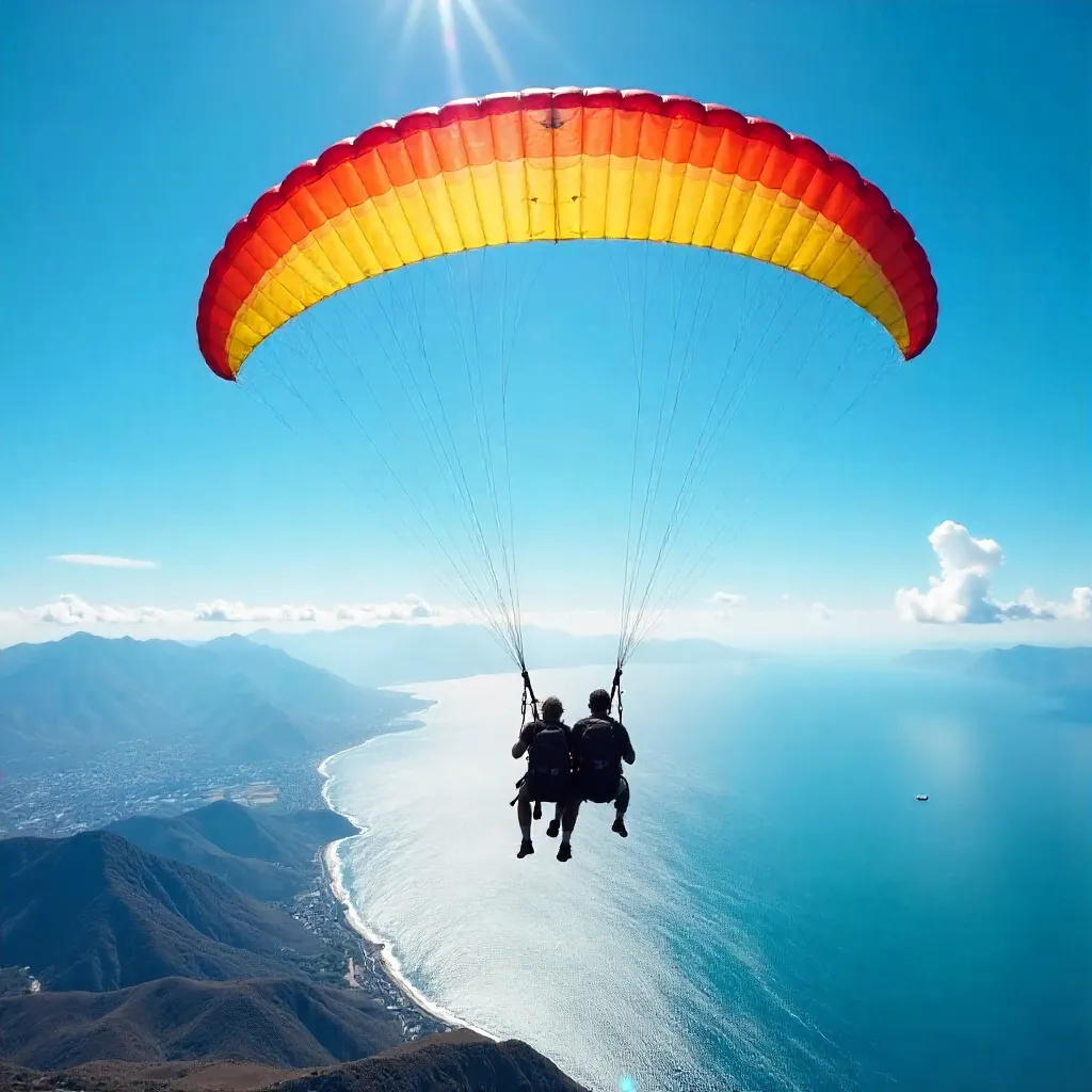 Thrilling Tandem Paragliding Under Colorful Canopy