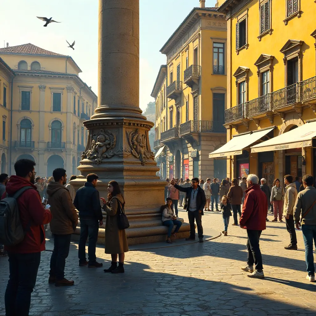 Diverse Crowd Around Historic Column by Yellow Building