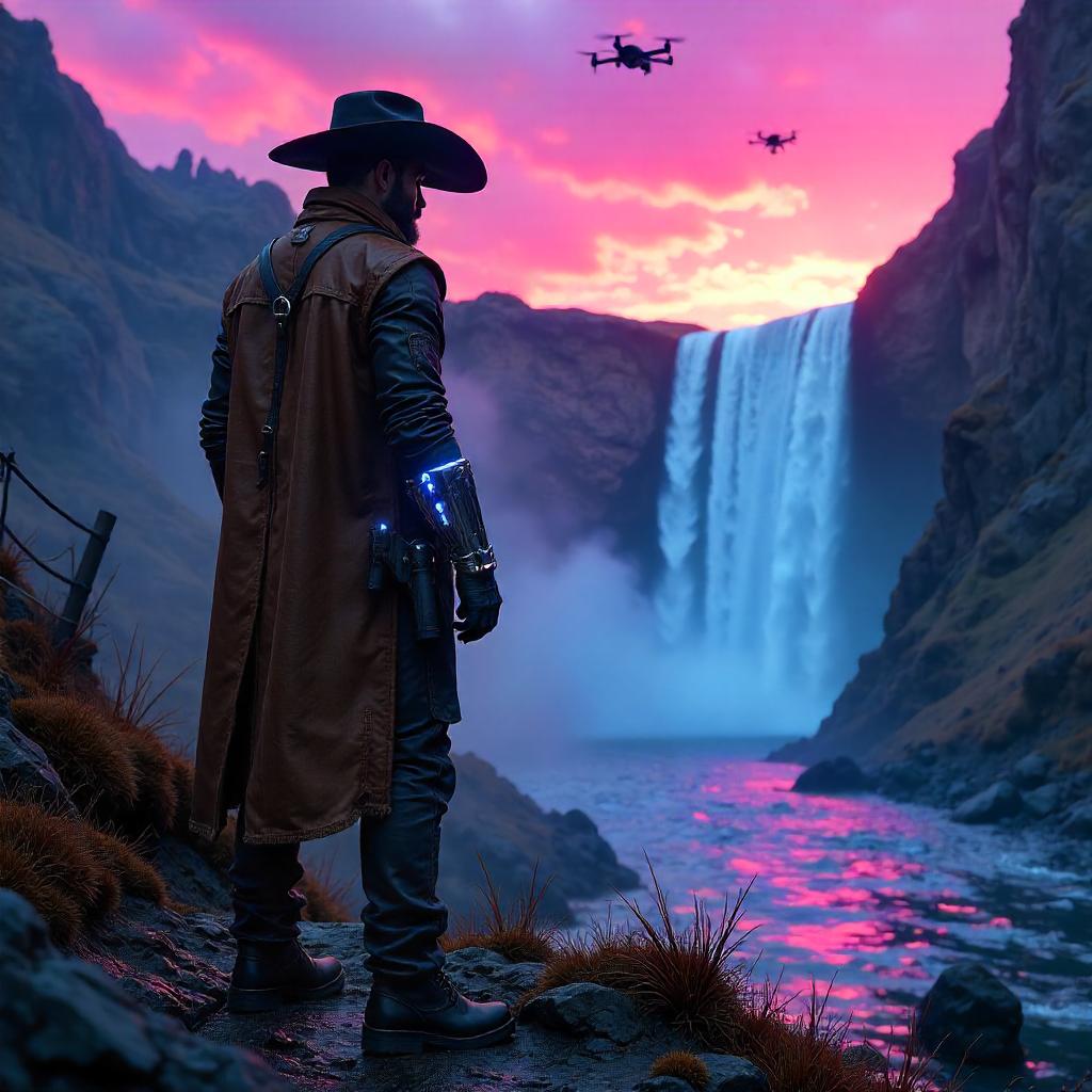 Neon Cowboy by the Waterfall in Cyberpunk Frontier