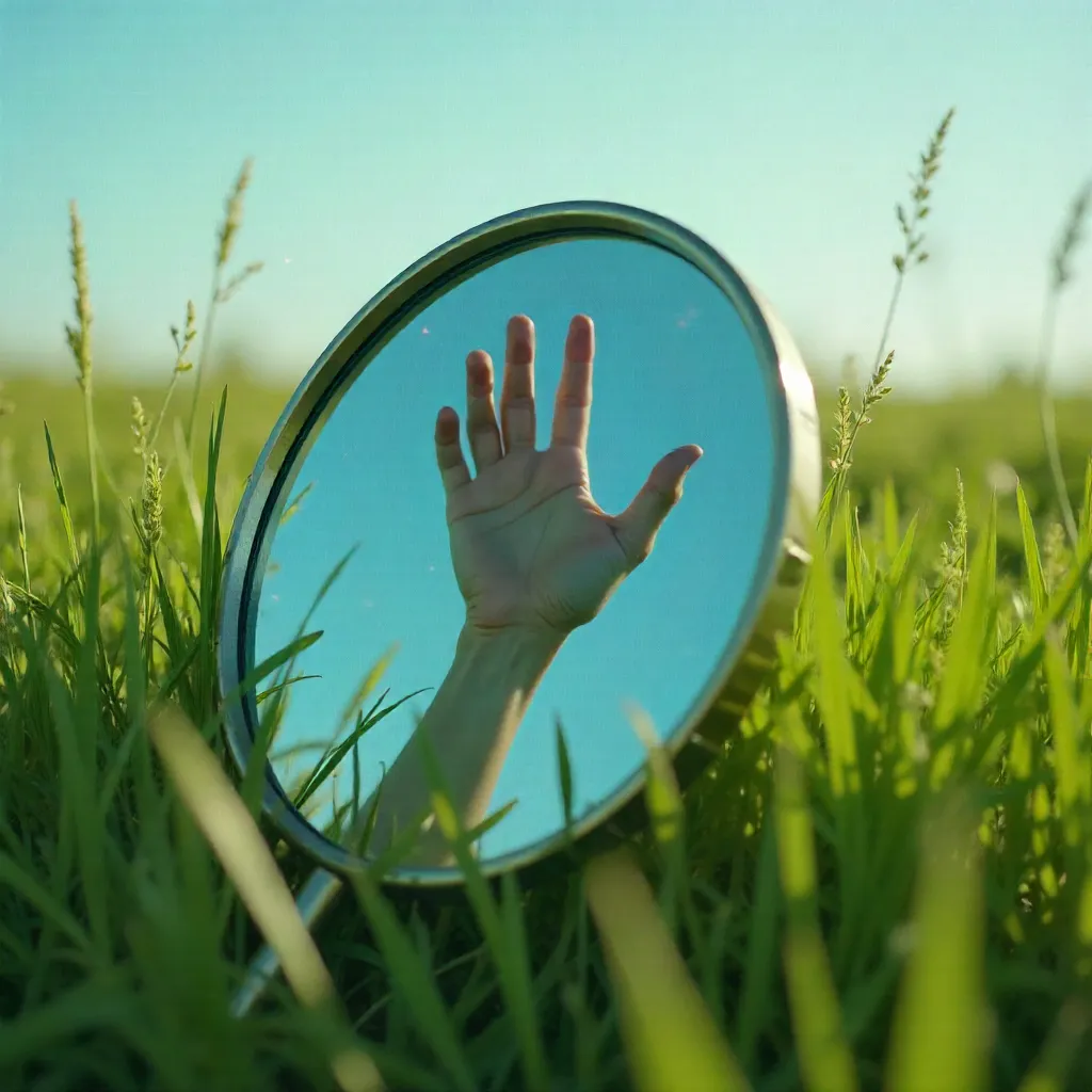 Mirror Hand Reaching Through Tall Grass