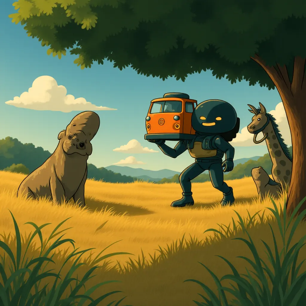 Martin Klebba and Anthony Mackie in The Electric State (2025) - Ghibli style