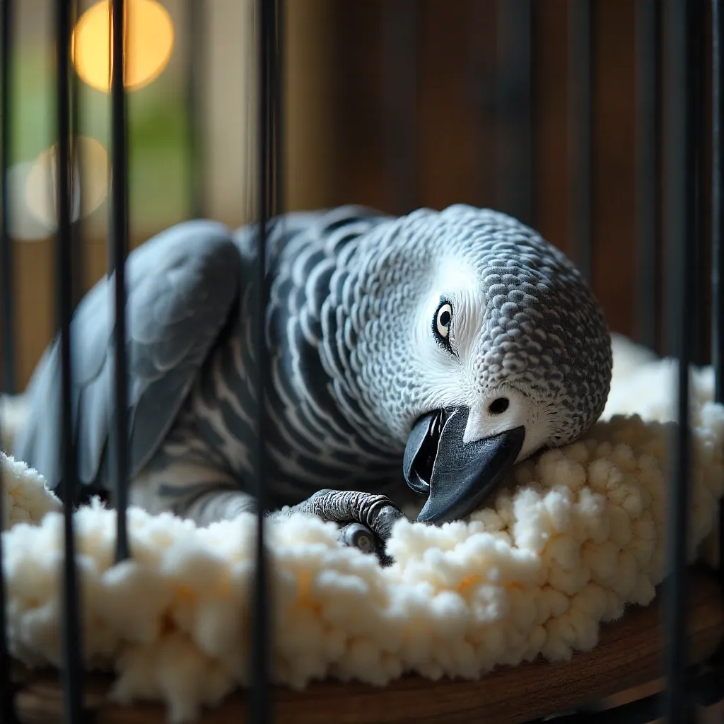 Tranquil African Grey in a Soft-Fiber Cage