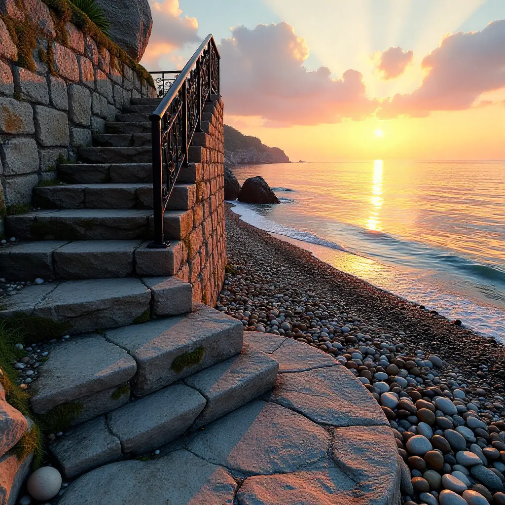 Staircase to Sunset over a Pebbled Beach
