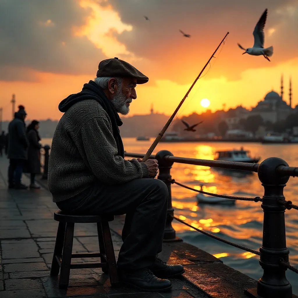 Golden Hour Fisherman on Galata Bridge, Istanbul
