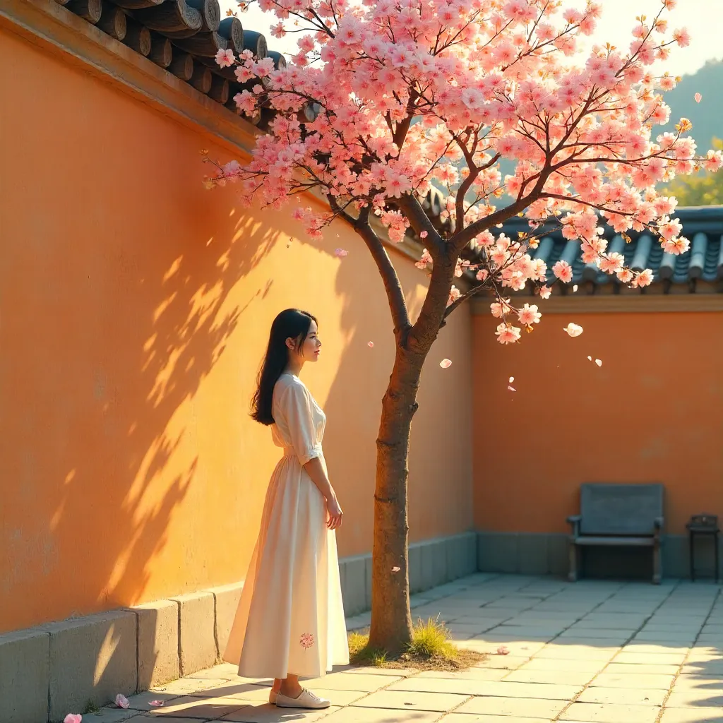 Serene Woman by Blooming Tree against Orange Wall