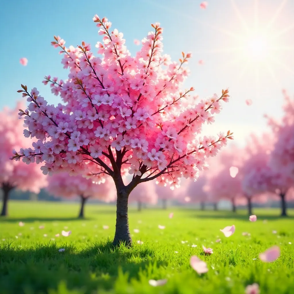 Sunlit Pink Cherry Blossom Tree in Spring