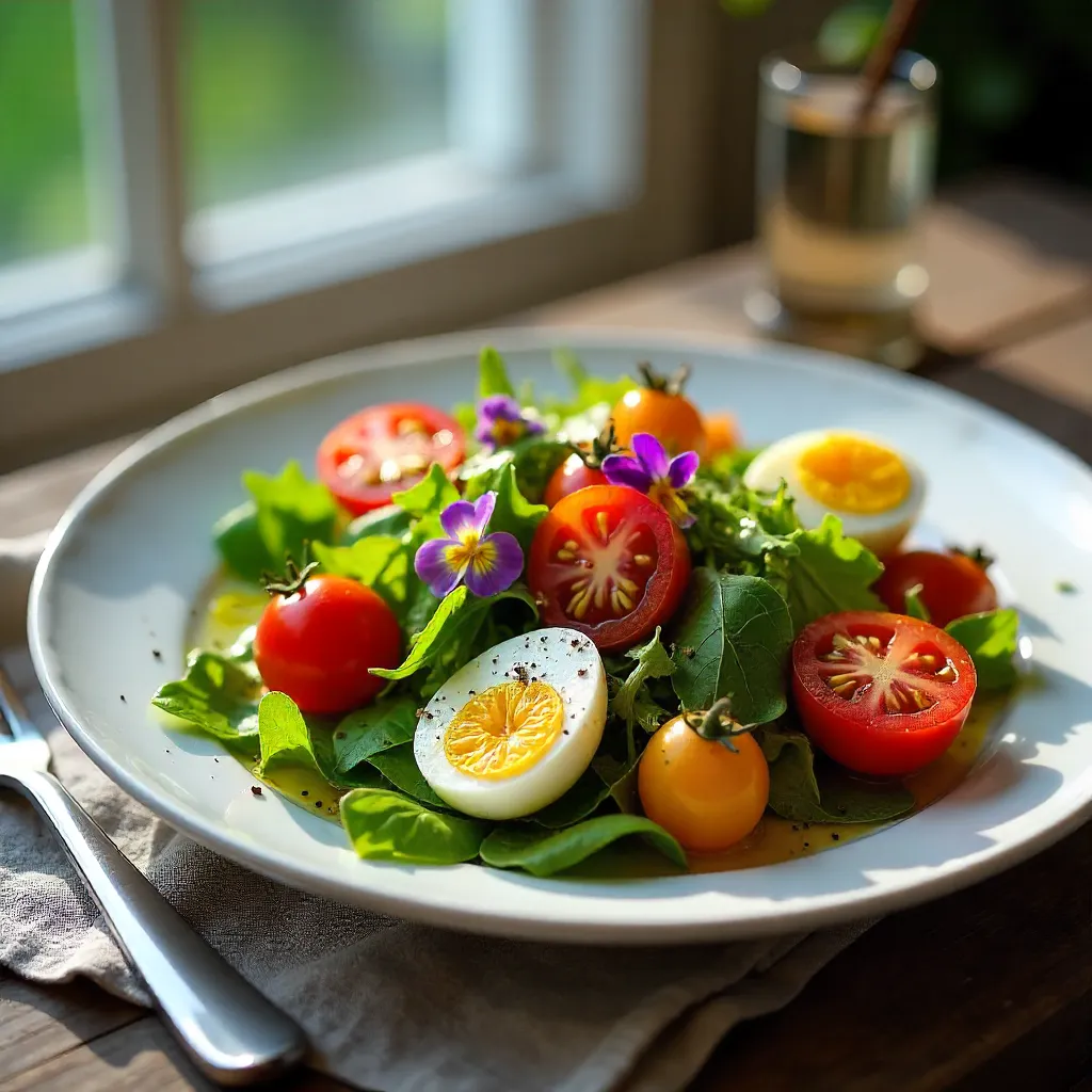 Vibrant Salad on Table: Tomatoes, Eggs & Edible Flowers
